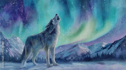 Wolf howling under aurora borealis, snowy mountains, forest, night sky, wildlife, nature, winter, watercolor painting, wilderness, celestial lights
