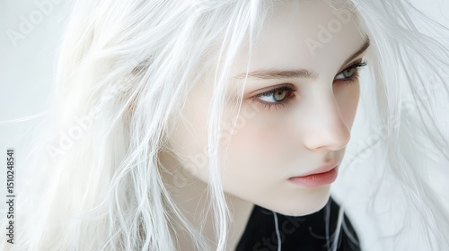young beautiful model with white hair on a white background.