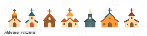 Vector church building chapel flat icon. Christian church building simple catholic tower religion orthodox cartoon icon