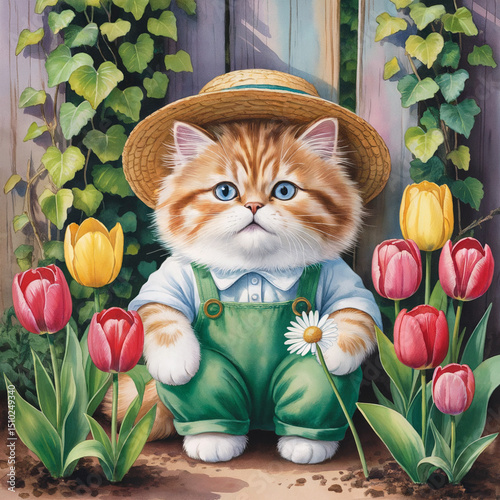 cat and flowers, cat in a gardener costume