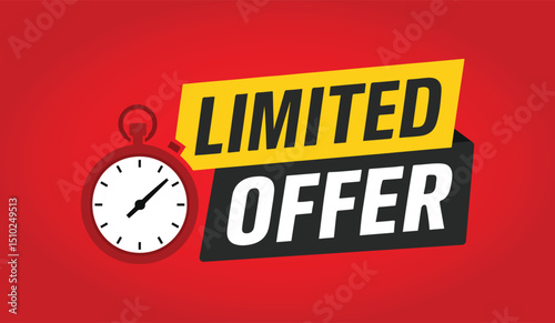Red limited offer hurry up with clock for promotion, banner, price. Label countdown of time for offer sale or exclusive deal.Alarm clock