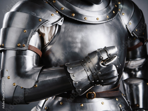 Close-up of a medieval suit of armor showing articulated gauntlet, polished steel plates, and brass rivets on a dark studio background.
