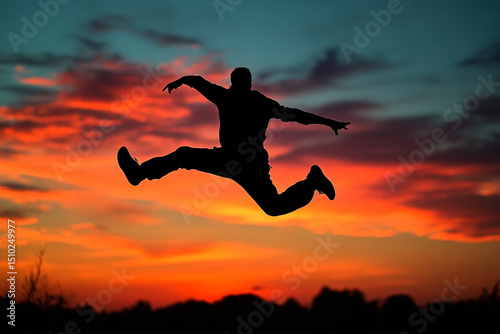 Silhouette of a man mid-air in a jump attack