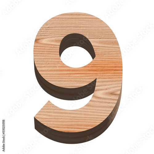 白い背景に立体の数字の9、木の質感、3D制作