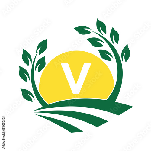 Initial Sunshine Farm Logo combine with letter V vector template