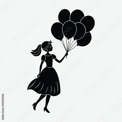 Silhouette of a girl with balloons, celebrating.