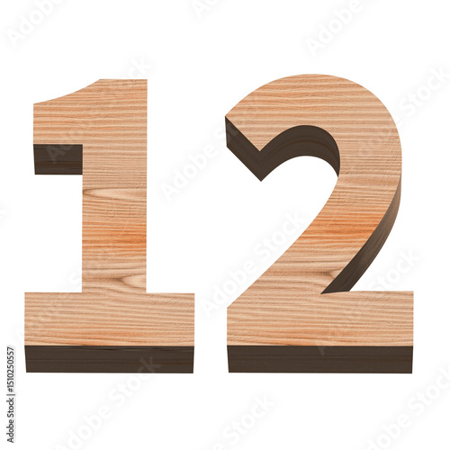 白い背景に立体の数字の12、木の質感、3D制作