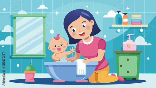 Cartoon Illustration of Mother Giving Baby a Bath in Bathroom Setting with Accessories