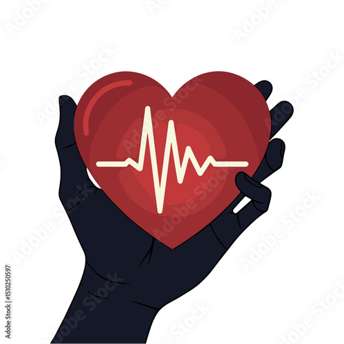Hand holding red heart with heartbeat graphic design  