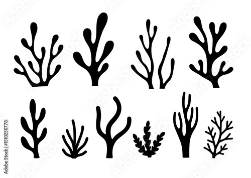 Seaweed coral silhouette black vector icon. Weed plant ocean reef fish underwater seaweed coral isolated design