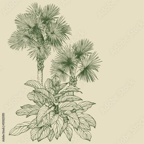 Hand-Drawn Botanical Palm Tree Sketch. Vector Clip Art. Botanical vector perfect for prints, branding, packaging, and modern design projects.