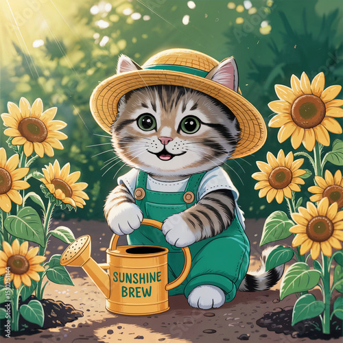 cat in a garden, cat in a gardener costume
