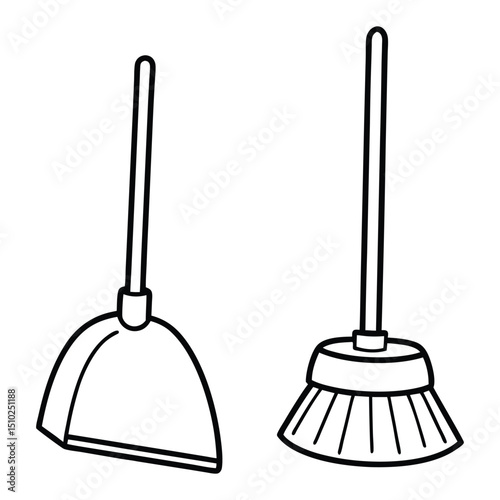 Simple Line Art Illustration of a Dustpan and a Broom.