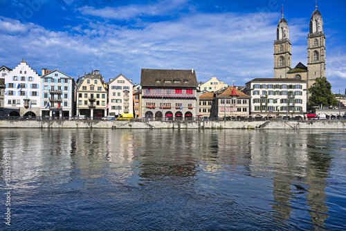 Old town Zurich center with Grossmunster churh and river Limmat, Switzerland