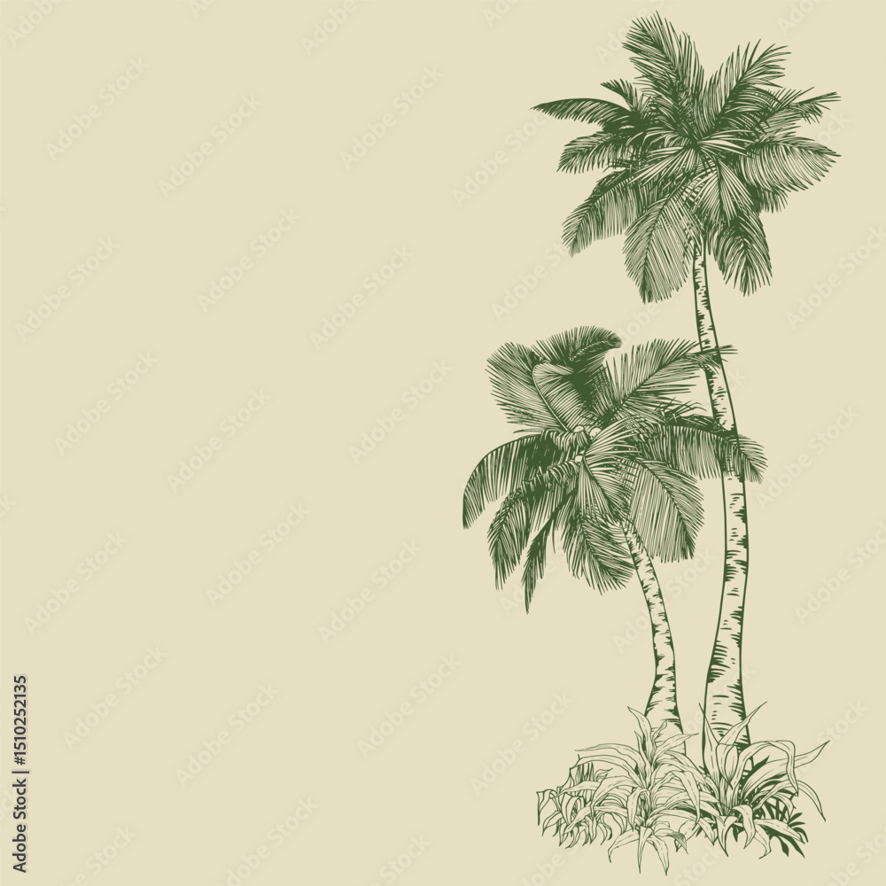 Obraz premium Tropical coconut palm trees. Hand drawn green elements for design. Botanical illustration in line art style.