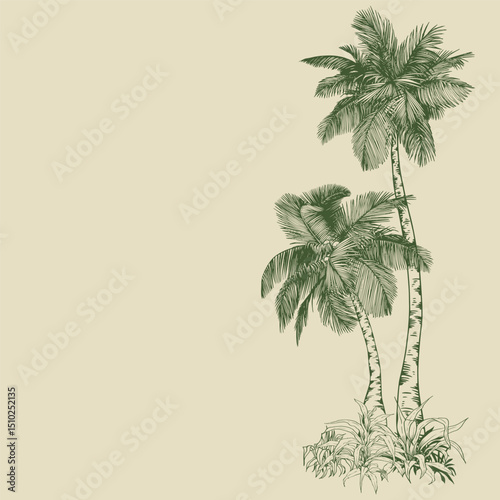 Tropical coconut palm trees. Hand drawn green elements for design. Botanical illustration in line art style.