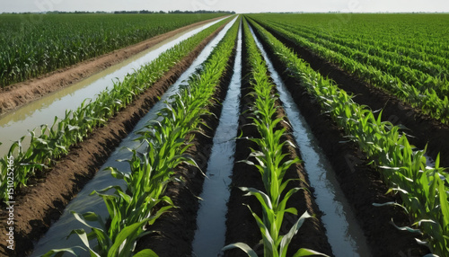 Converging irrigation canals nurture rows of young crops amidst expansive farmlands.