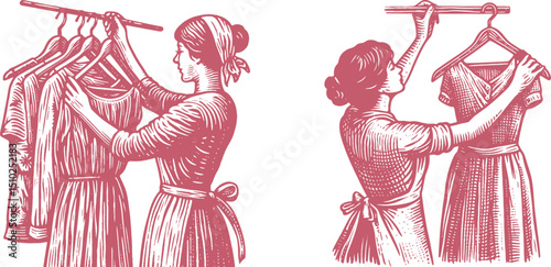  a red-themed illustration of a housewife hanging clothes on a hanger, perfect for rustic and classic art projects