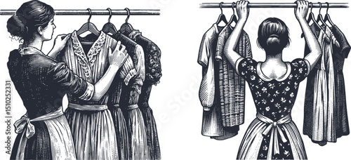 engraving-style and woodcut illustrations depicting a housewife hanging clothes on a hanger, vintage hand-drawn domestic chores artwork collection