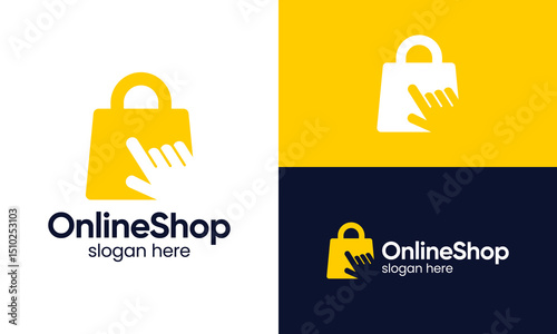 Online shop logo design. Shopping bag concept vector design with Hand Finger Touch symbol graphic icon
