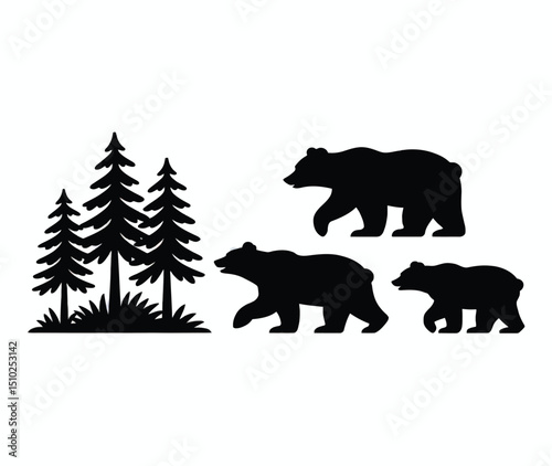 Bear and pine tree silhouette with forest animal theme. 