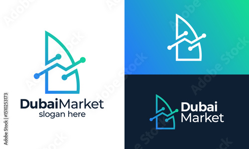 Dubai market logo design. iconic buildings of dubai concept vector design with technology marketing analytics symbol graphic icon