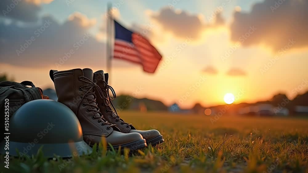 Military Boots and Flag at Sunset
