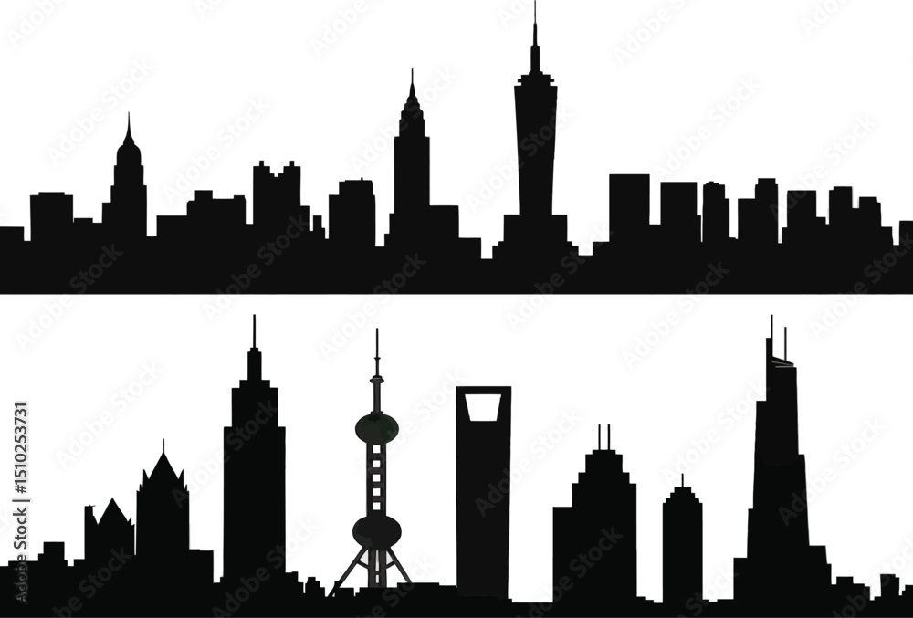 Naklejka premium City skyline silhouette with high-rise towers and buildings. 