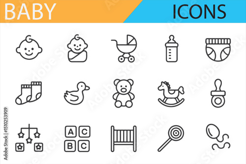 Icon Set for Baby Products, Toys, and Childcare Items