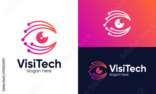 Vision tech logo design. Abstract eye concept vector design with technology system connections symbol graphic icon