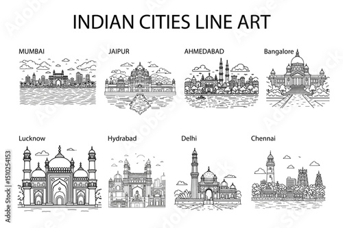 top indian cities line art vector bundle chennai, mumbai, delhi, ahmedabad, lucknow, hydrabad, jaipur, bangalore