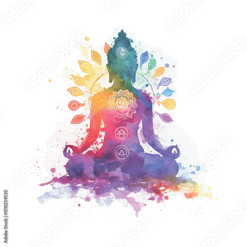 Colorful silhouette of a meditating figure with chakra symbols in a serene setting