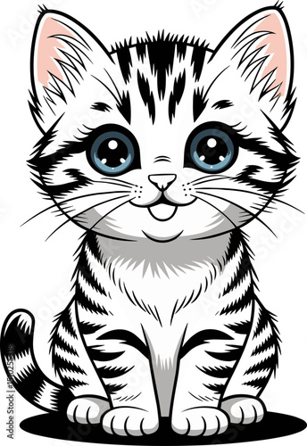 Cute Cartoon Kitten with Big Blue Eyes Sitting and Smiling – Vector Illustration