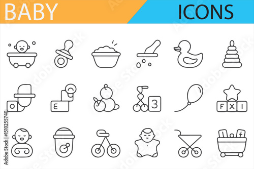 Baby Toys, Bottles, and Gear Icons for Family and Baby Projects