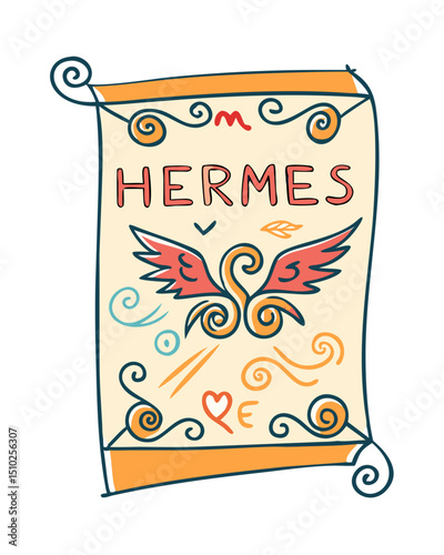 Decorative Hermes banner with winged design and colorful swirls  
