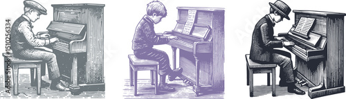 Vintage Woodcut Style Illustration of a Boy Playing Piano on a Bench – Retro Engraving Inspired Musical Art Design