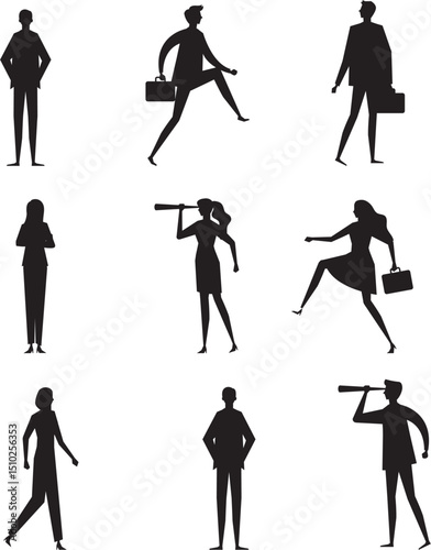 Business people silhouettes working, talking, standing, and walking on isolated white background.