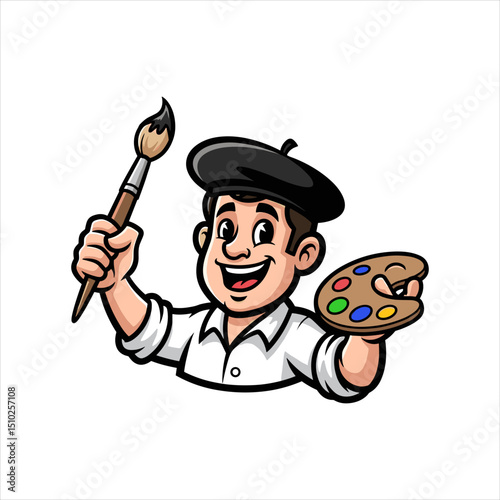 Happy Cartoon Artist Holding Paintbrush and Palette