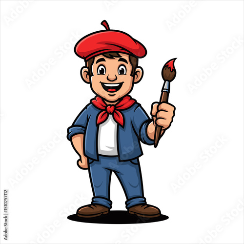 Joyful Cartoon Artist in Red Beret Holding Paintbrush