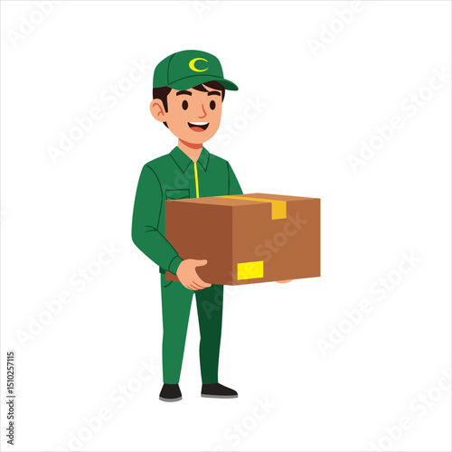 Happy Cartoon Delivery Man in Green Uniform Holding a Package