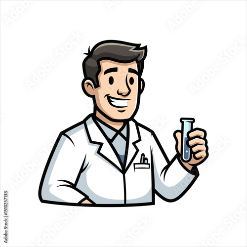 Smiling Cartoon Scientist Holding Test Tube in White Coat