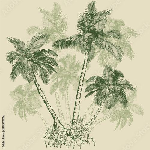 Tropical coconut palm trees. Hand drawn green elements for design. Botanical illustration in line art style.