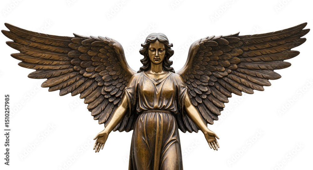 Fototapeta premium Bronze statue of an angel with wings isolated on a white background the front view. This has clipping path.