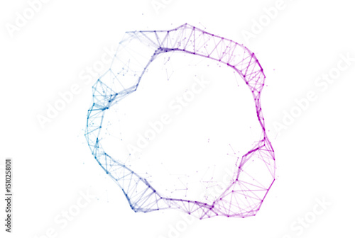 Abstract polygonal circular network shape with connected dots and lines in blue to purple gradient on white background