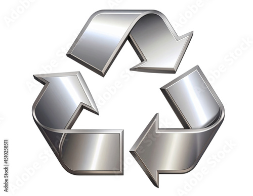 Metallic Silver Recycling Symbol with Reflective Shine on White Background, Transparent PNG