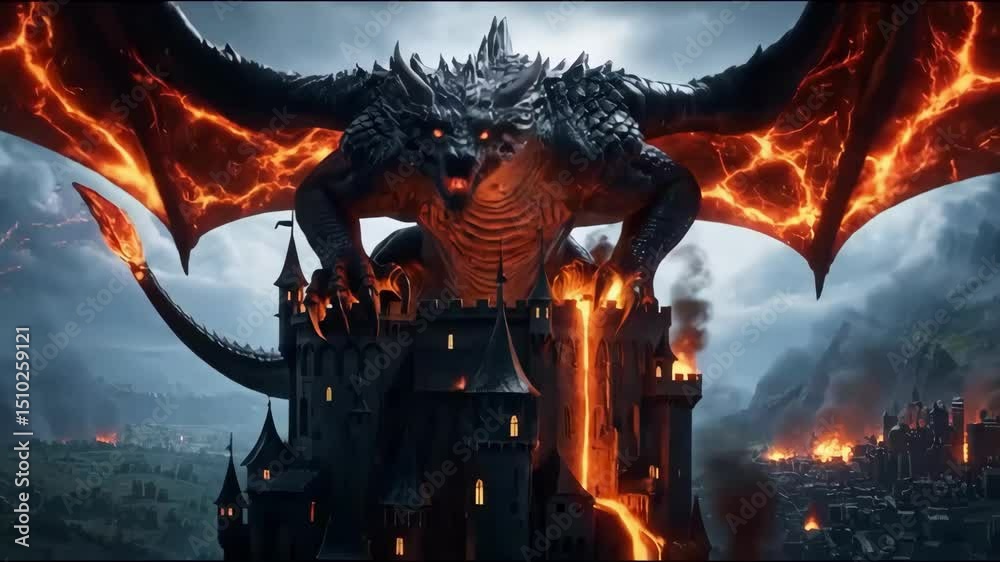 Epic fantasy dragon with lava wings attacking a medieval castle