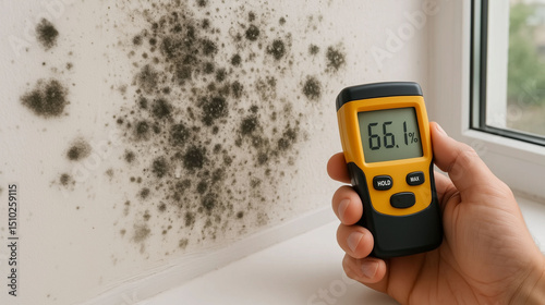 Person using digital moisture meter water leak detector and moisture tester to identify mold spread in house , home water damage inspection and maintenance concept