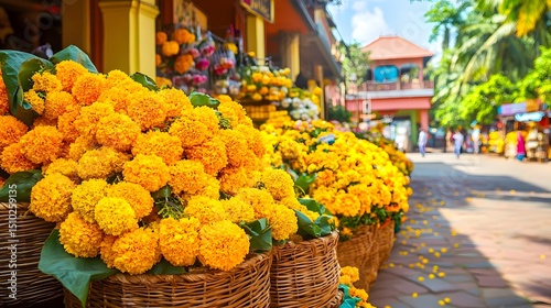 Vibrant Yellow Marigold Flowers in Woven Baskets at Market