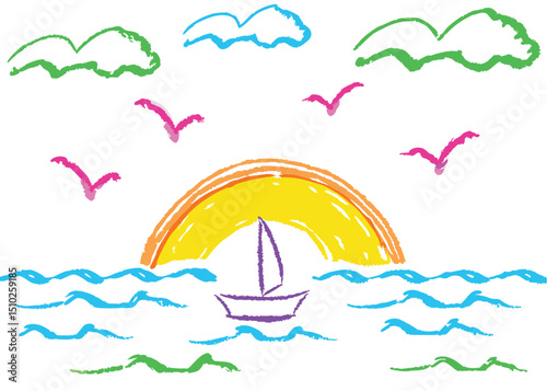 Sunset sailing boat on the ocean, vector illustration of a summer travel yacht on the water with clouds and a distant mountain landscape