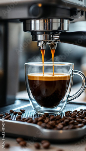 Close-up of espresso machine pouring steaming coffee into clear double-walled glass mug.

 photo
